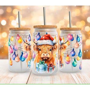 Christmas Lights Bulbs Highland Cow 16oz Glass Can Tumbler Clear or Frosted